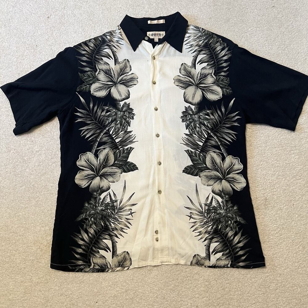 Vintage Campia Moda Rayon Hawaiian L Camp Shirt Black Floral Palm Aloha Korea